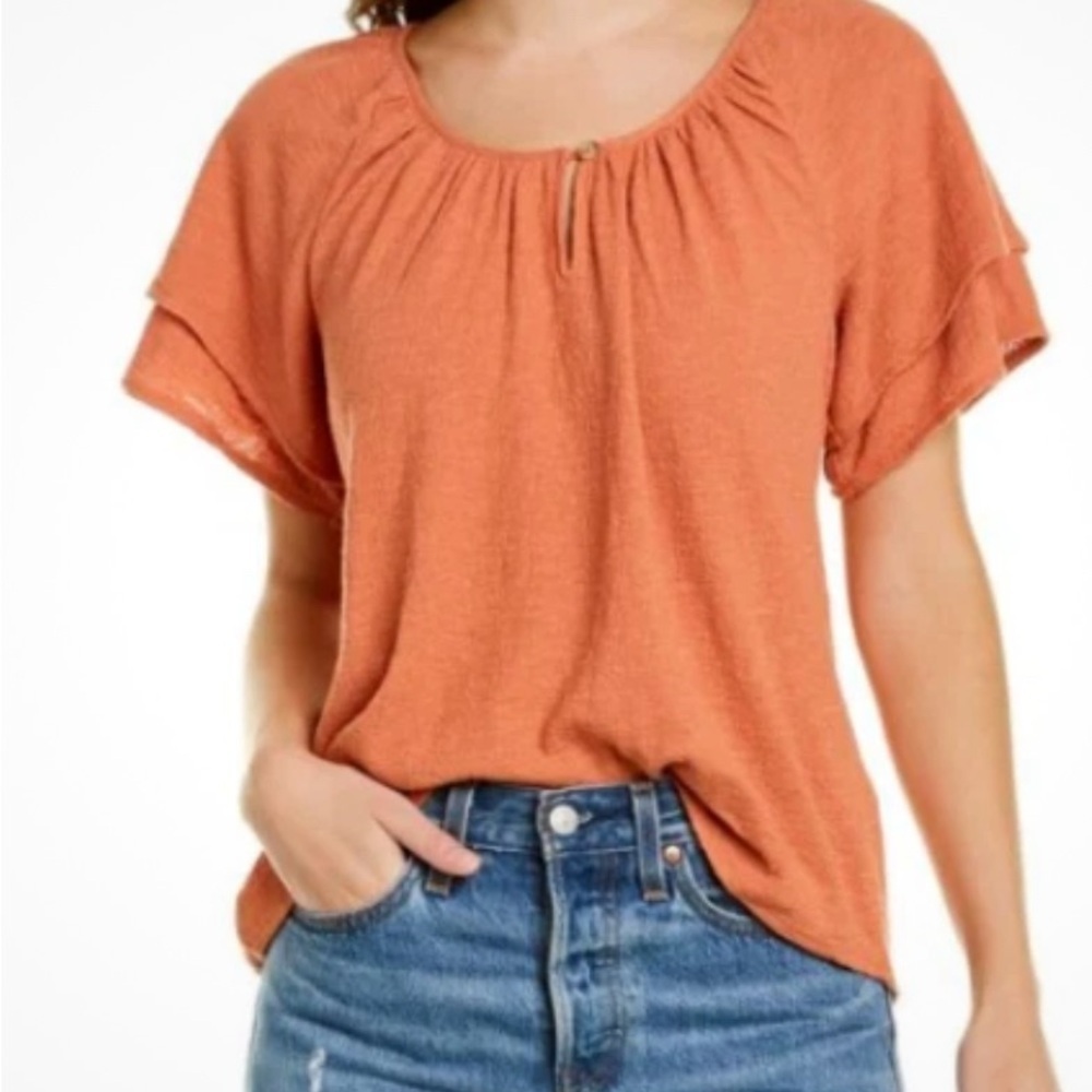 Madewell Texture & Thread Tiered Sleeve Top Small Sweet Dahlia Rust Jacquard